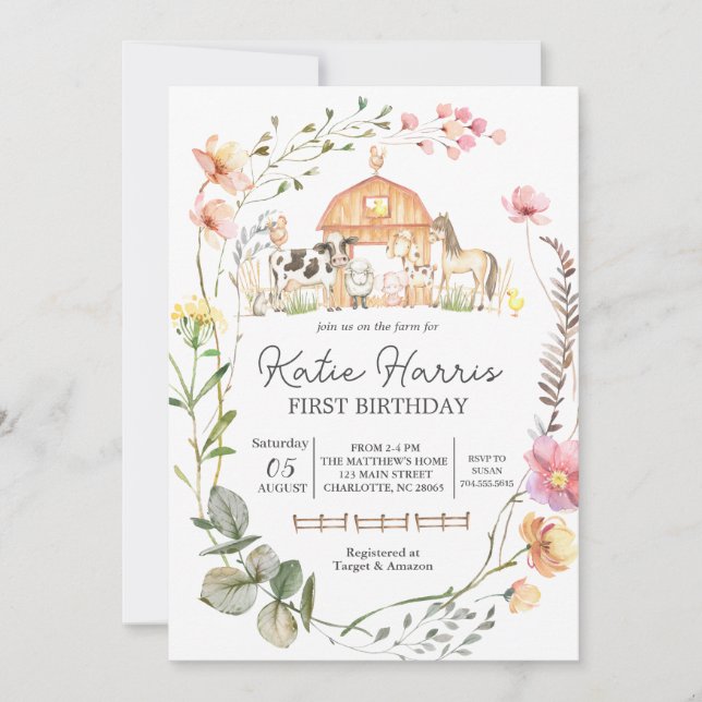 Invitación de cumpleaños a la granja Wildflower (Anverso)