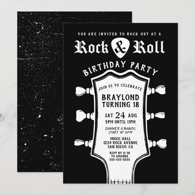 Invitación de cumpleaños a la guitarra blanca y ne (Anverso / Reverso)