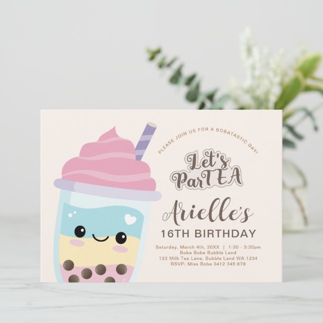Invitación de cumpleaños a la hora del té de burbu (Anverso de pie)