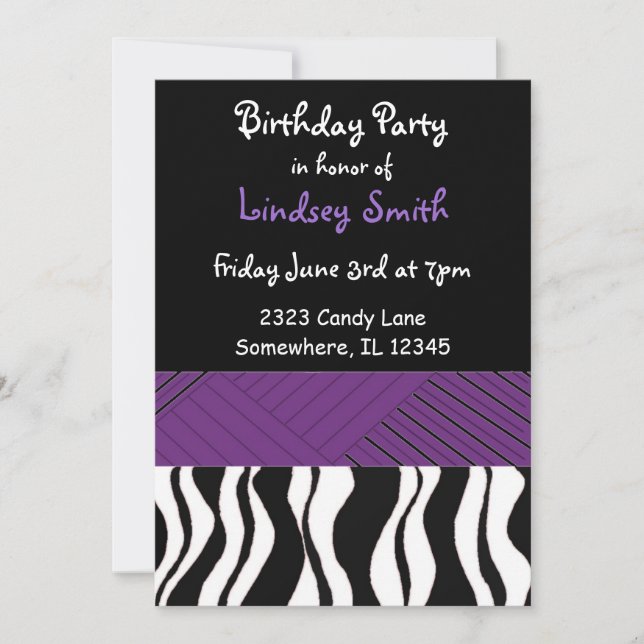 Invitación de cumpleaños a la impresión de cebra m (Anverso)