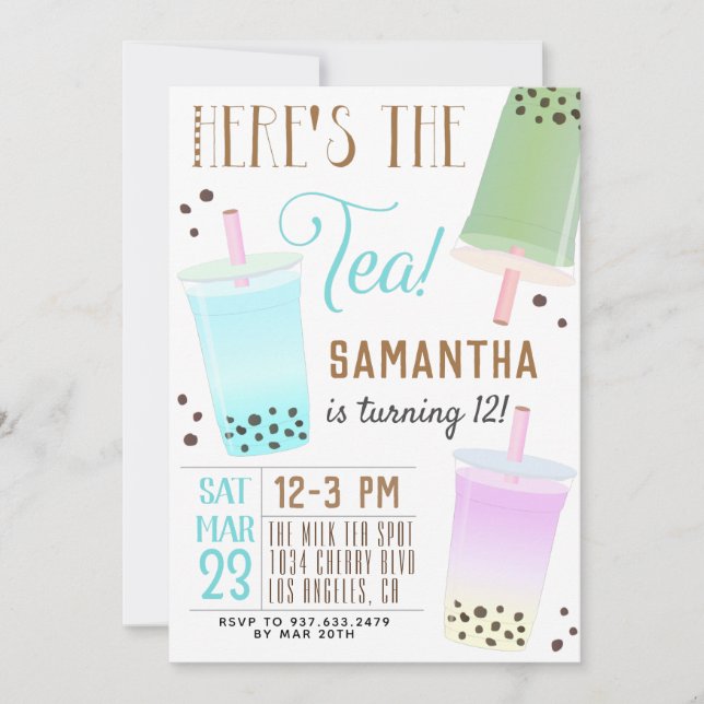 Invitación de cumpleaños a la leche de Boba (Anverso)