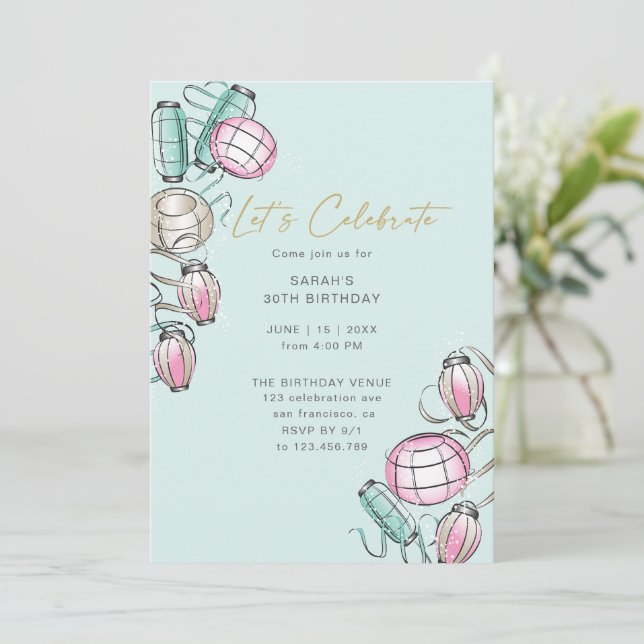 Invitación de cumpleaños a la linterna y cinta chi (Anverso de pie)