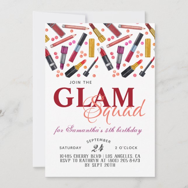 Invitación de cumpleaños a la maquillaje de Glam S (Anverso)