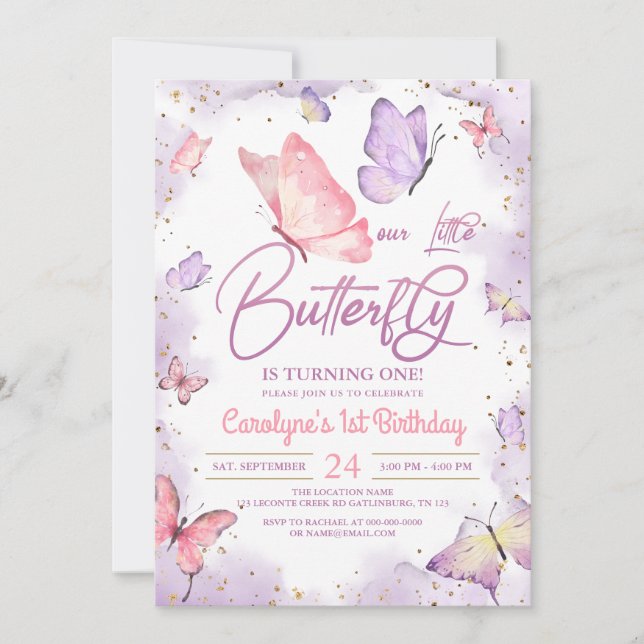 Invitación de cumpleaños a la mariposa Chica rosa (Anverso)