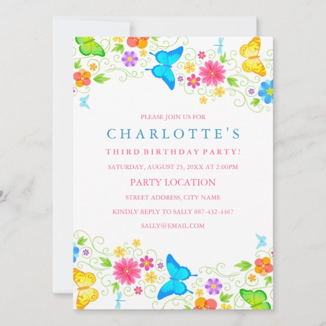 Invitación de cumpleaños a la mariposa de bonito (Anverso)