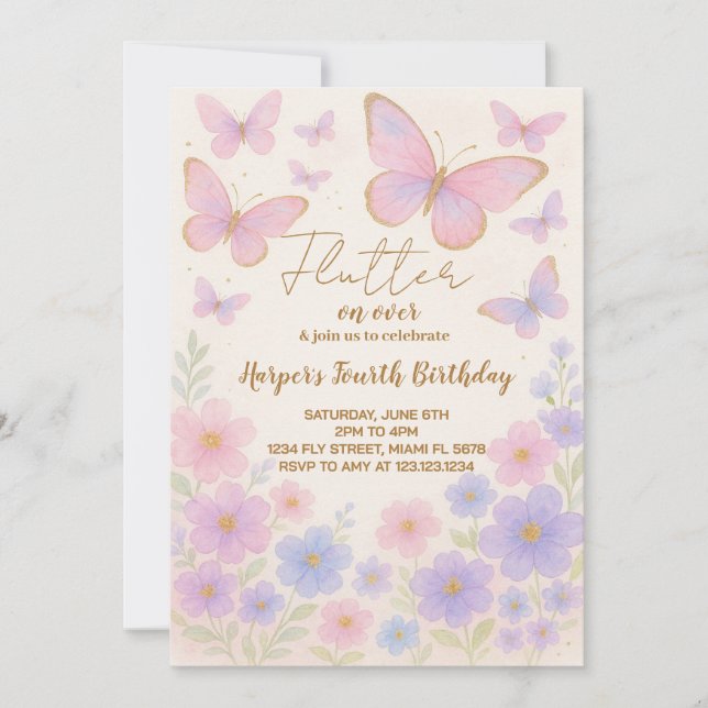 Invitación de cumpleaños a la mariposa de ensueño (Anverso)