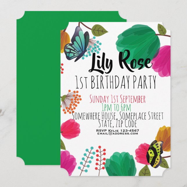 Invitación de cumpleaños a la mariposa floral de c (Anverso / Reverso)