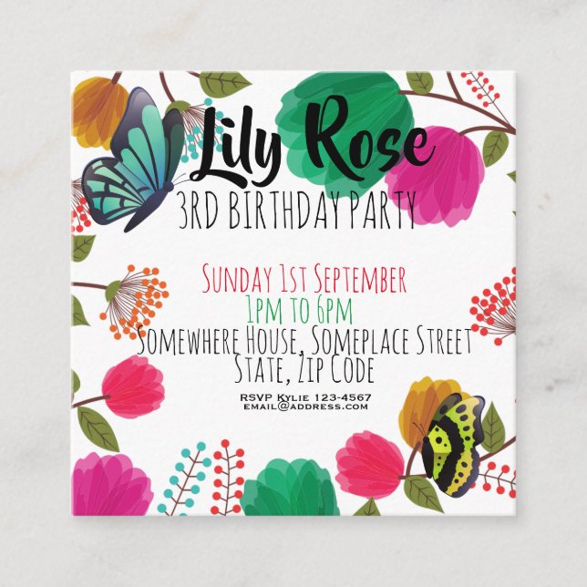 Invitación de cumpleaños a la mariposa floral de c (Anverso)
