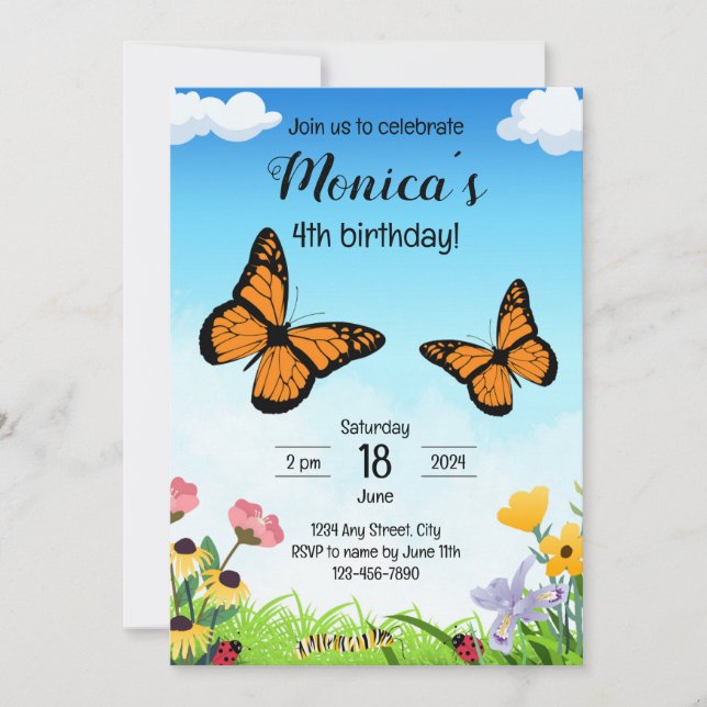 Invitación de cumpleaños a la mariposa monarca (Anverso)