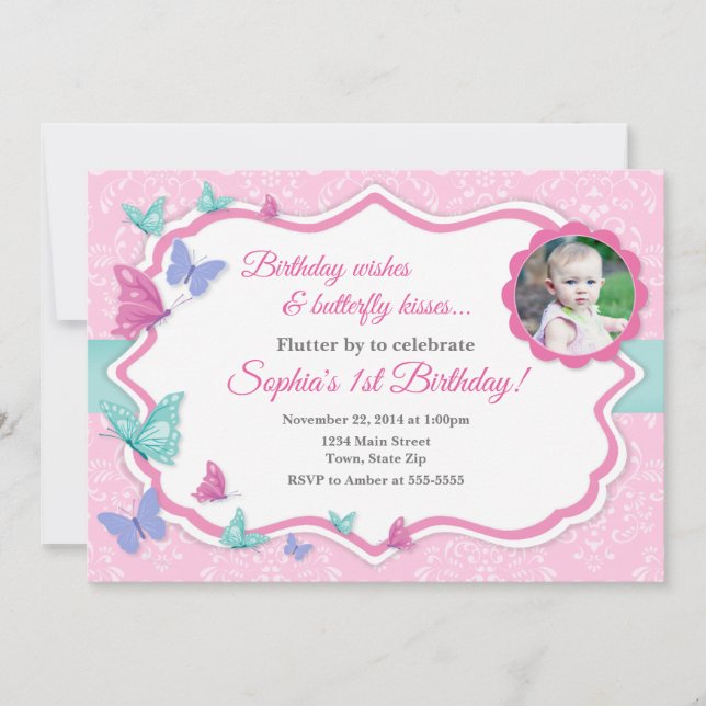 Invitación de cumpleaños a la mariposa primer cump (Anverso)