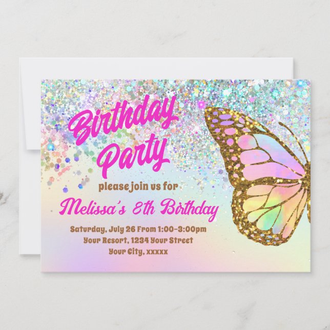 Invitación de cumpleaños a la mariposa purpurina (Anverso)