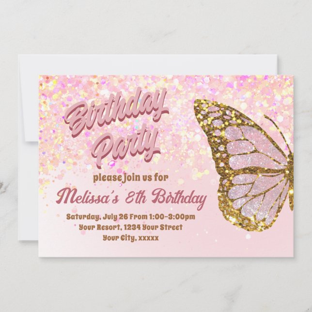Invitación de cumpleaños a la mariposa purpurina r (Anverso)