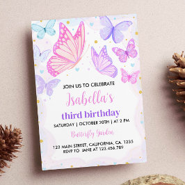 Invitación de cumpleaños a la mariposa rosa morada