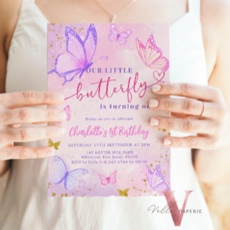 Invitación de cumpleaños a la mariposa rosa Pastel