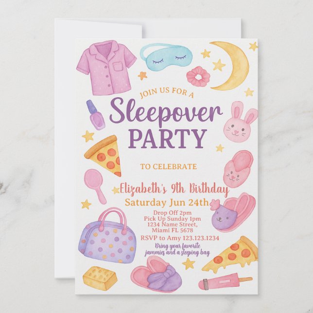 Invitación de cumpleaños a la moda de Sleepover (Anverso)