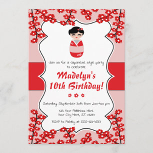 Invitación de cumpleaños a la muñeca Kokeshi Est