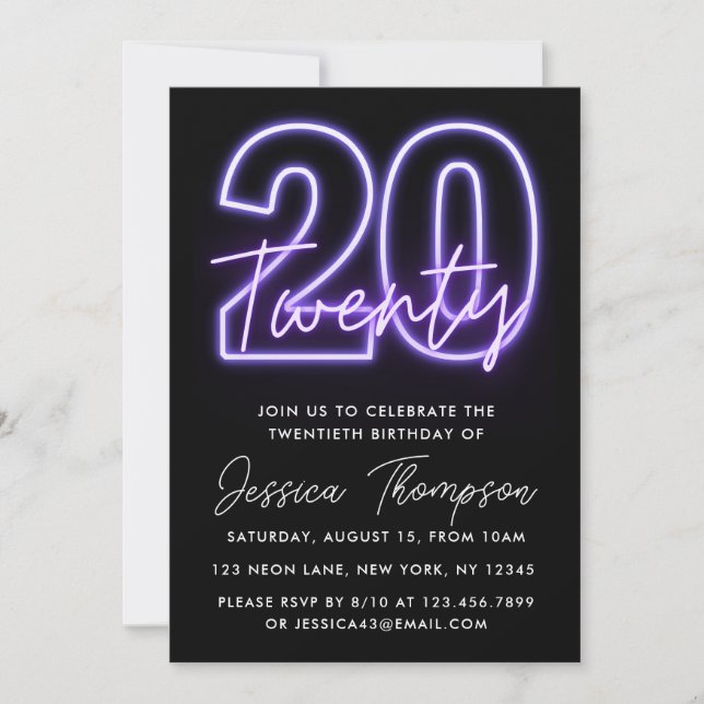 Invitación de cumpleaños a la Neón Púrpura 20 (Anverso)