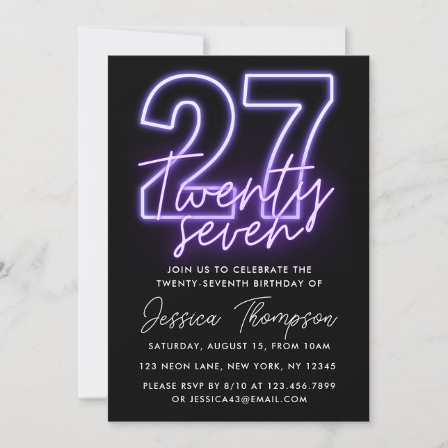 Invitación de cumpleaños a la Neón Púrpura 27 (Anverso)