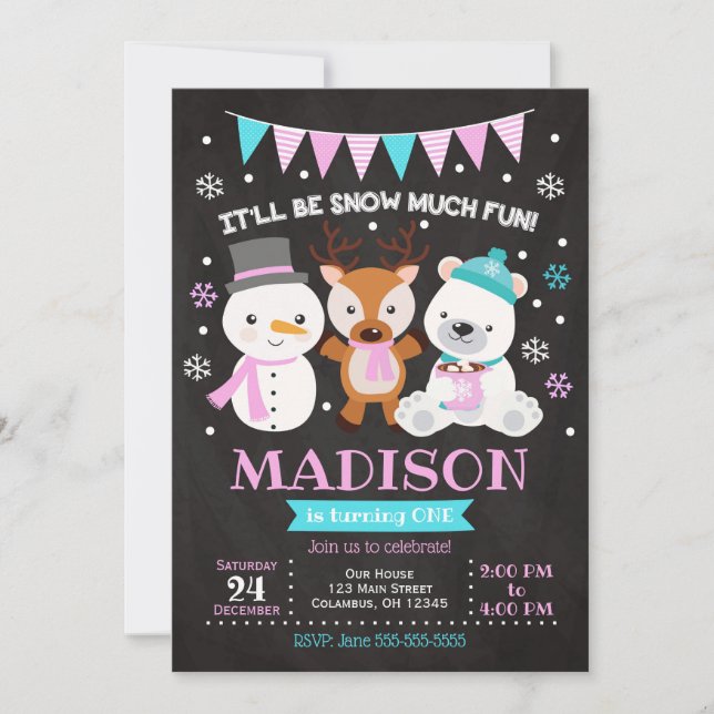 Invitación de cumpleaños a la nieve muy divertida  (Anverso)