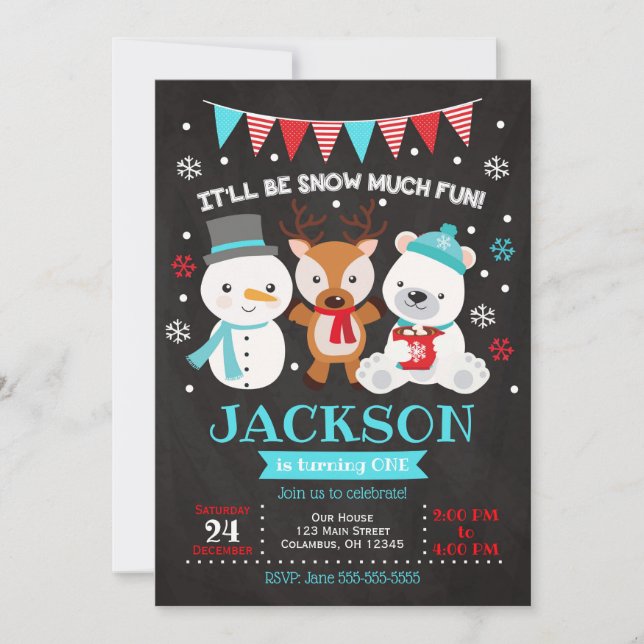 Invitación de cumpleaños a la nieve muy divertida (Anverso)