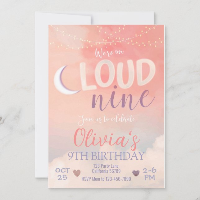 Invitación de cumpleaños a la Nube 9 Invitación de (Anverso)