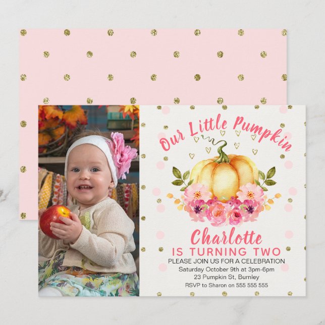 Invitación de cumpleaños a la pequeña calabaza flo (Anverso / Reverso)