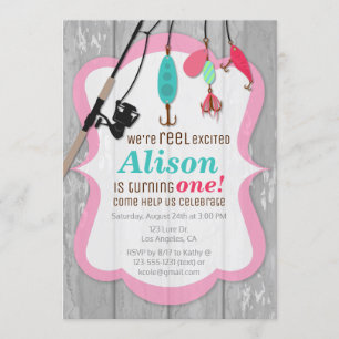Invitación de cumpleaños a la pesca de Chica rosad
