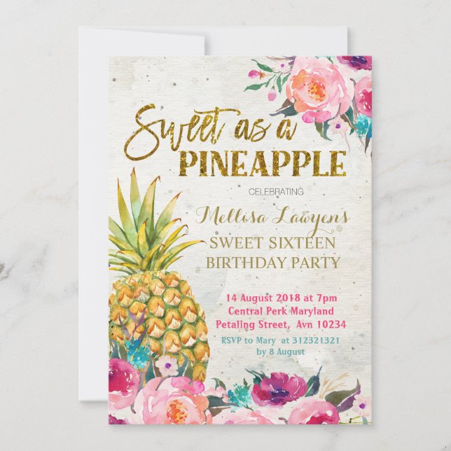 Invitación de cumpleaños a la piña como dulce (Anverso)