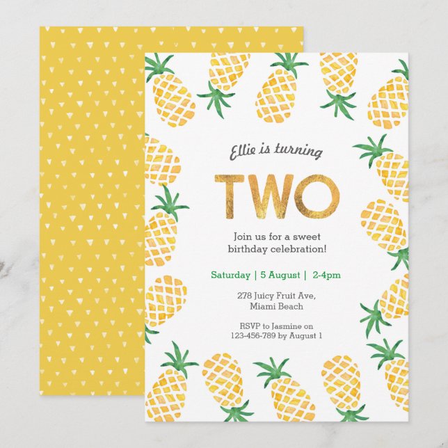 Invitación de cumpleaños a la piña tropical (Anverso / Reverso)