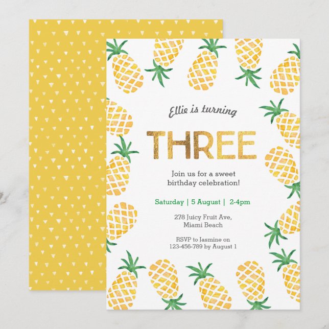 Invitación de cumpleaños a la piña tropical (Anverso / Reverso)