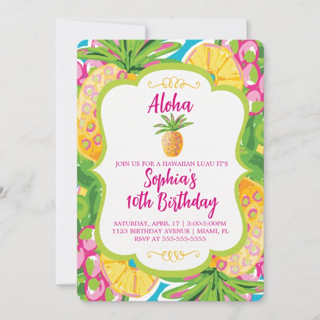 Invitación de cumpleaños a la piña tropical (Anverso)