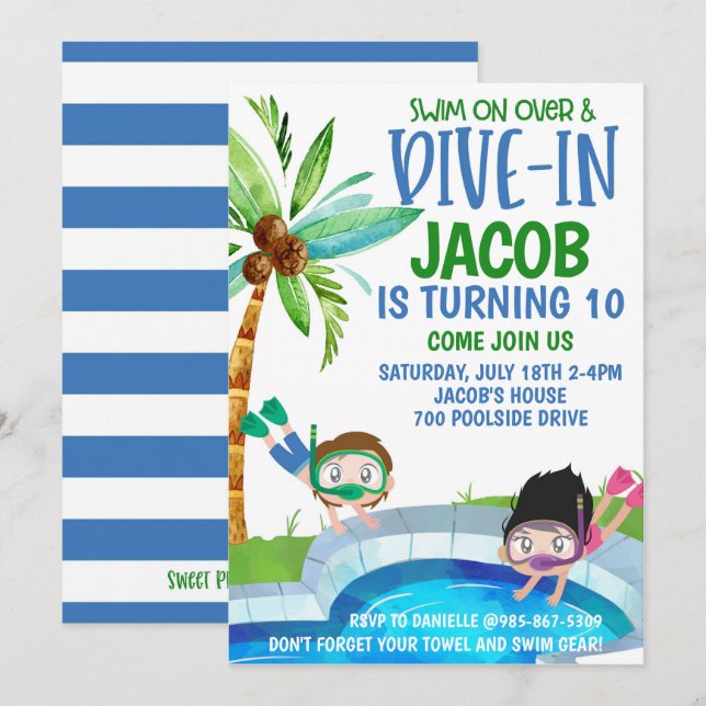 Invitación de cumpleaños a la piscina (Anverso / Reverso)