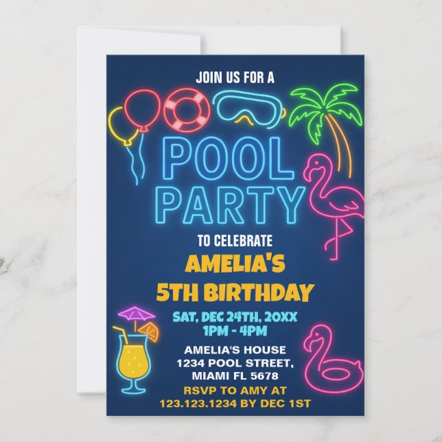 Invitación de cumpleaños a la piscina de luces neó (Anverso)