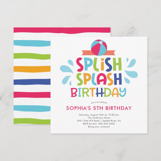 Invitación de cumpleaños a la piscina de verano Sp (Anverso / Reverso)