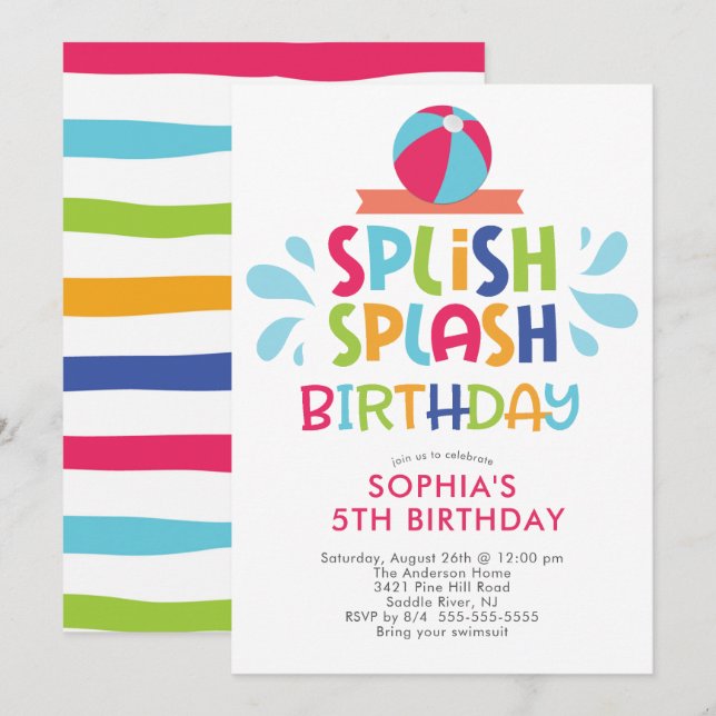 Invitación de cumpleaños a la piscina de verano Sp (Anverso / Reverso)