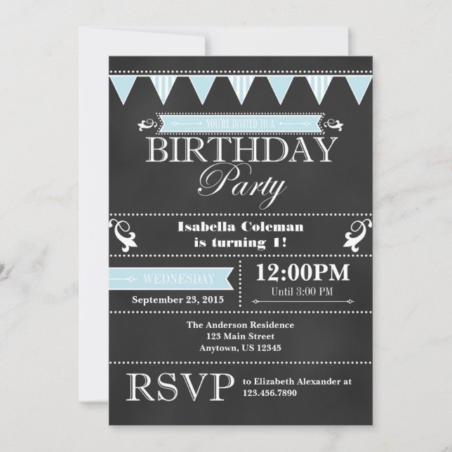 Invitación de cumpleaños a la pizarra azul en polv (Anverso)