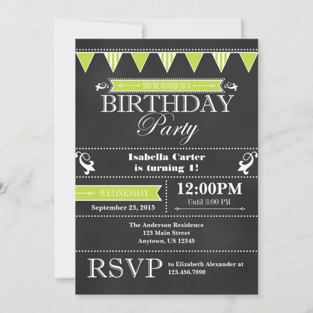 Invitación de cumpleaños a la pizarra verde limón (Anverso)