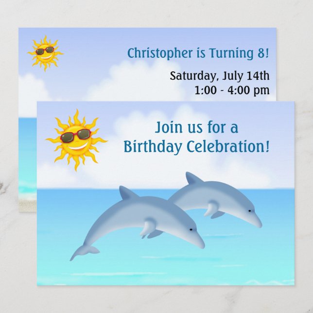 Invitación de cumpleaños a la playa de delfines pe (Anverso / Reverso)