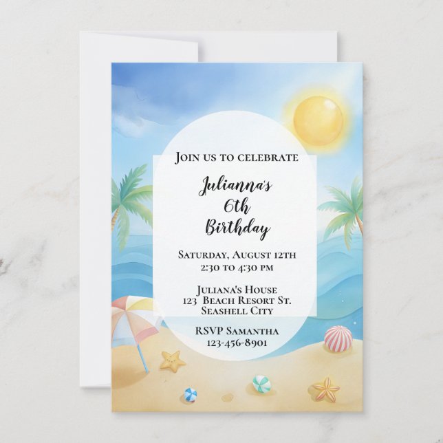 Invitación de cumpleaños a la playa tropical (Anverso)