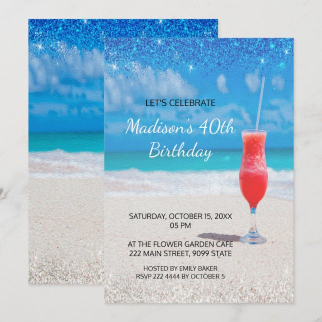 Invitación de cumpleaños a la playa y al cóctel (Anverso / Reverso)