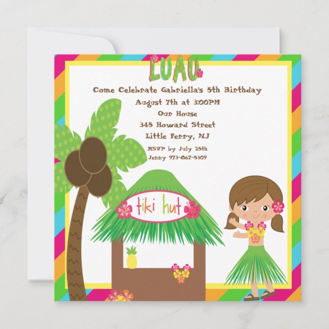 Invitación de cumpleaños a la plaza Tiki Hut Luau (Anverso)