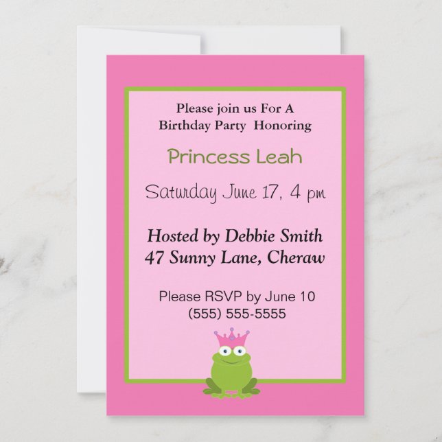 Invitación de cumpleaños a la princesa Frog. (Anverso)