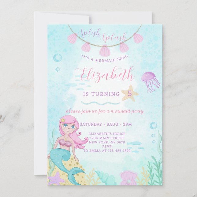 Invitación de cumpleaños a la princesa sirena (Anverso)