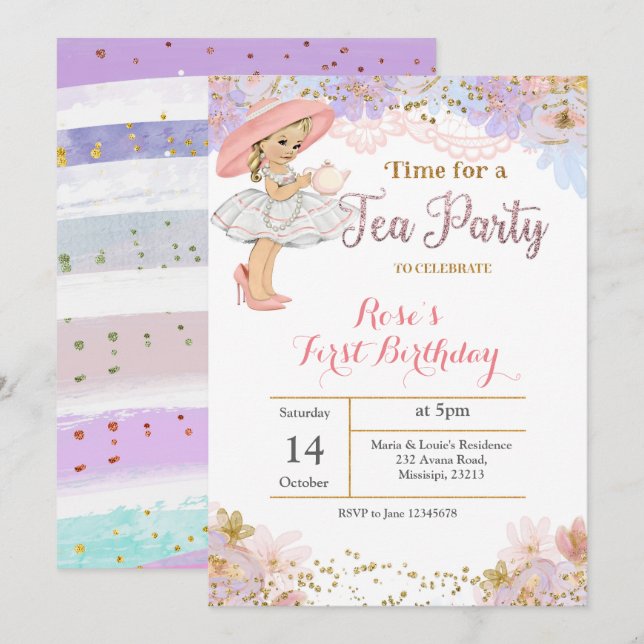 Invitación de cumpleaños a la Princesa Tea Fiesta (Anverso / Reverso)