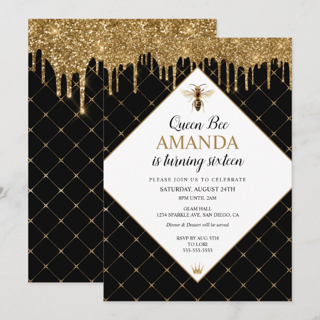 Invitación de cumpleaños a la Reina Abeja que gote (Anverso / Reverso)