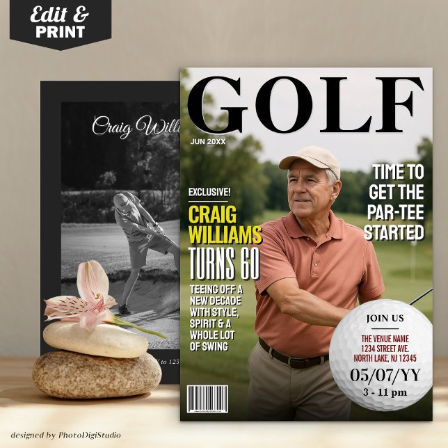 Invitación de cumpleaños a la revista de golf, inv (Golf Magazine Birthday Invite, Fun Golf Invitation)