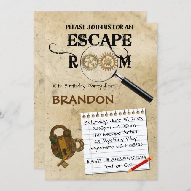 Invitación de cumpleaños a la sala de escape (Anverso / Reverso)