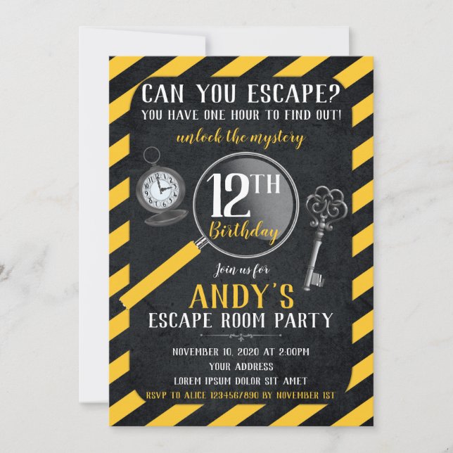 Invitación de cumpleaños a la sala de escape (Anverso)