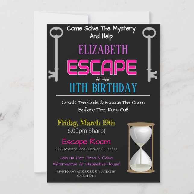 Invitación de cumpleaños a la sala de escape (Anverso)