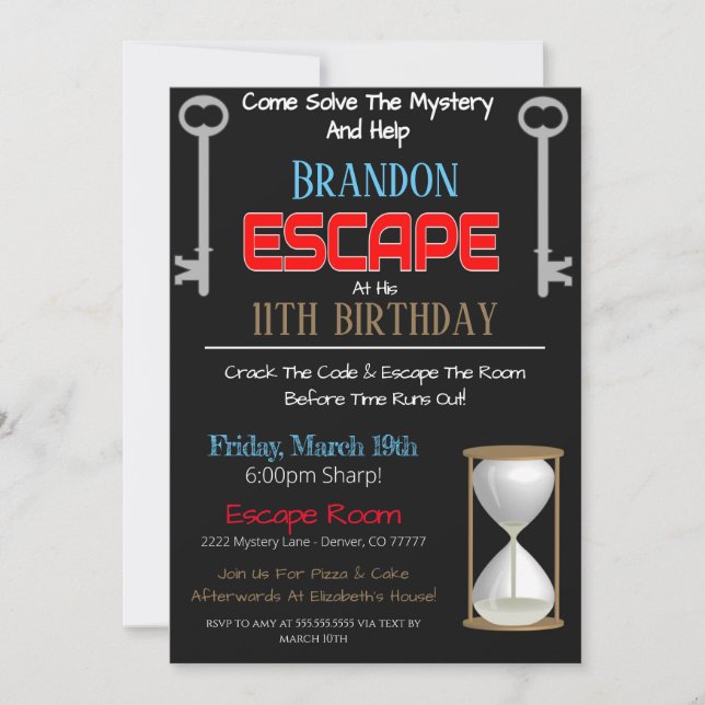 Invitación de cumpleaños a la sala de escape (Anverso)